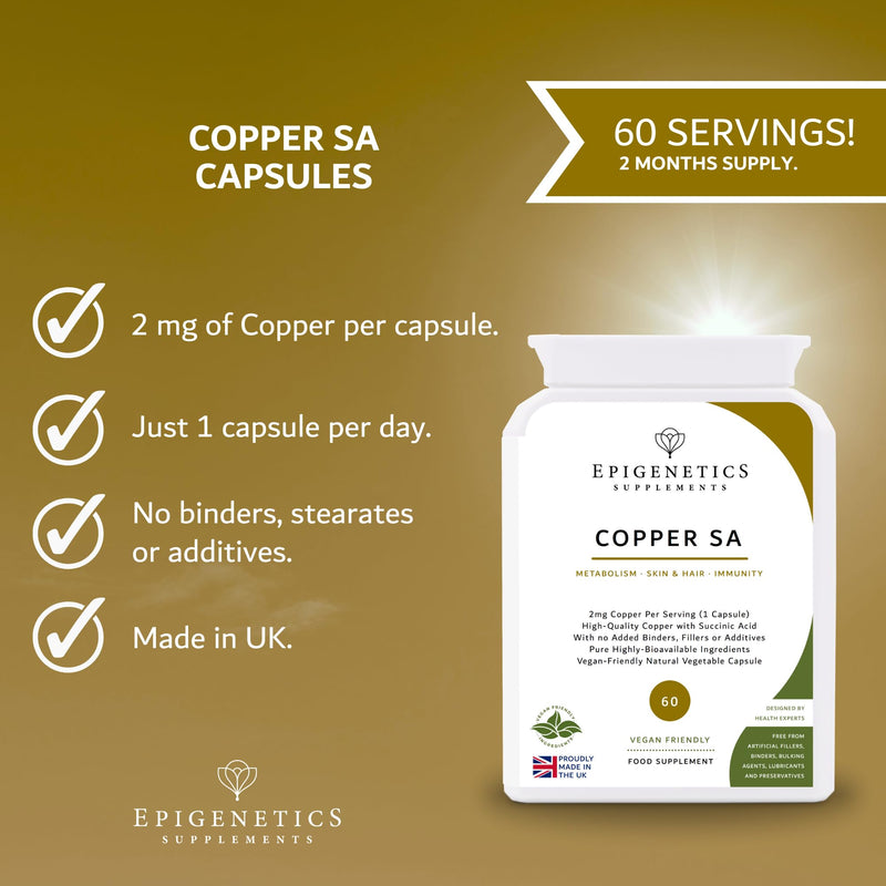Copper SA | 2mg Copper Bisglycinate + Natural Succinic Acid Antioxidant | 60 Vegan Friendly Capsules UK Made | 1 Capsule Daily | Long 2 Month Supply by Epigenetics Supplements