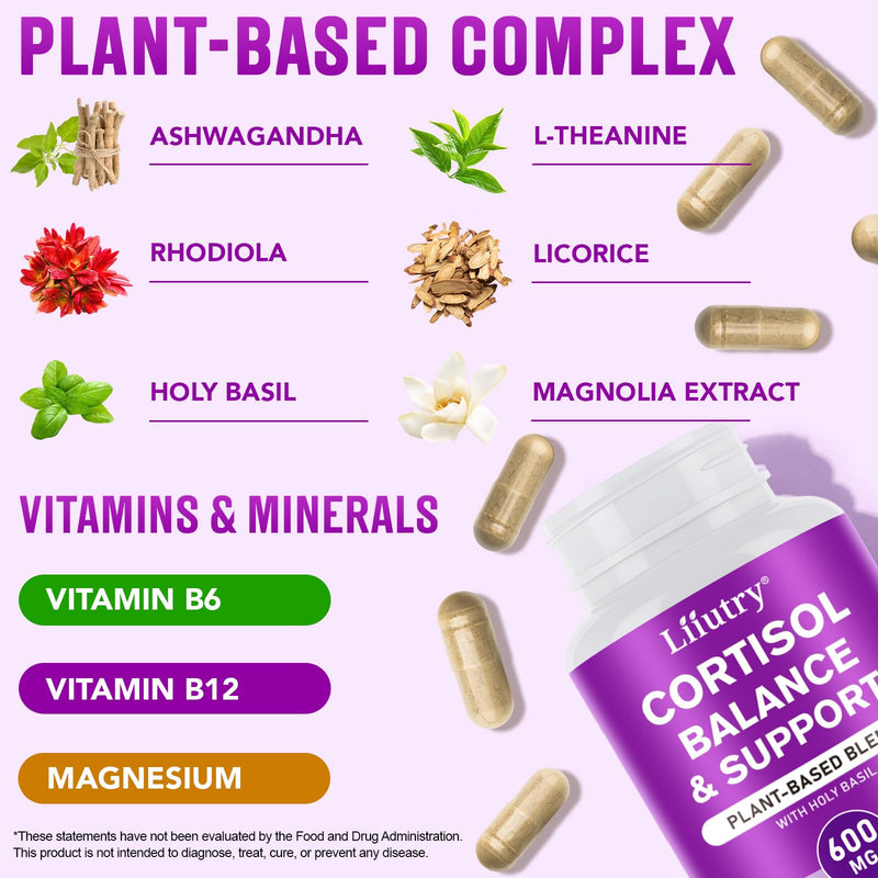 Cortisol Reducing Supplements –Stress Support & Adrenal Balance, with Ashwagandha, Rhodiola, L-Theanine, Ginseng, Bacopa & Black Pepper – 120 Capsules 4 Month Supply