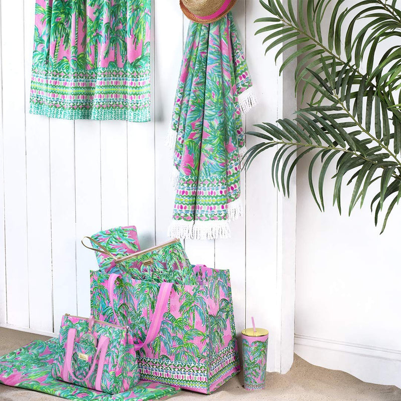 Lilly Pulitzer Water Resistant Vinyl Beach Day Pouch, Zipper Bag Includes Drink Hugger, Small Pouch, and Towel Clips Suite Views