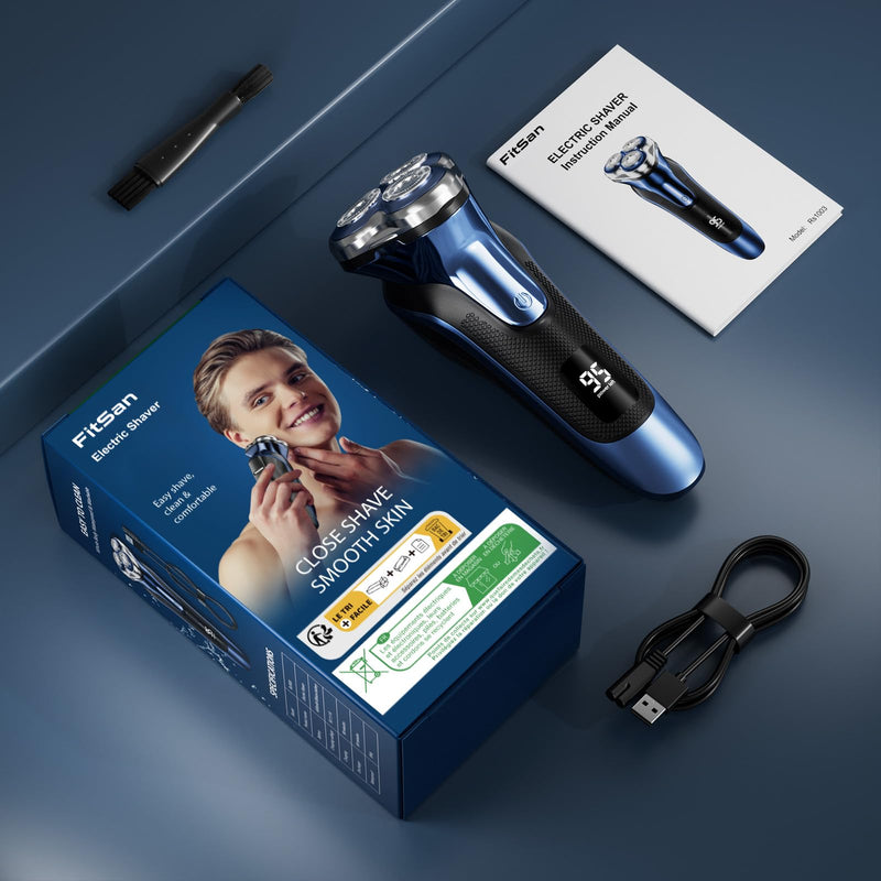 [Australia] - Men's Electric Shaver, FitSan Retractable Beard Trimmer, Electric Wet and Dry Shaver, Men's Shaver with Travel Lock, Waterproof, Blue LED Display 