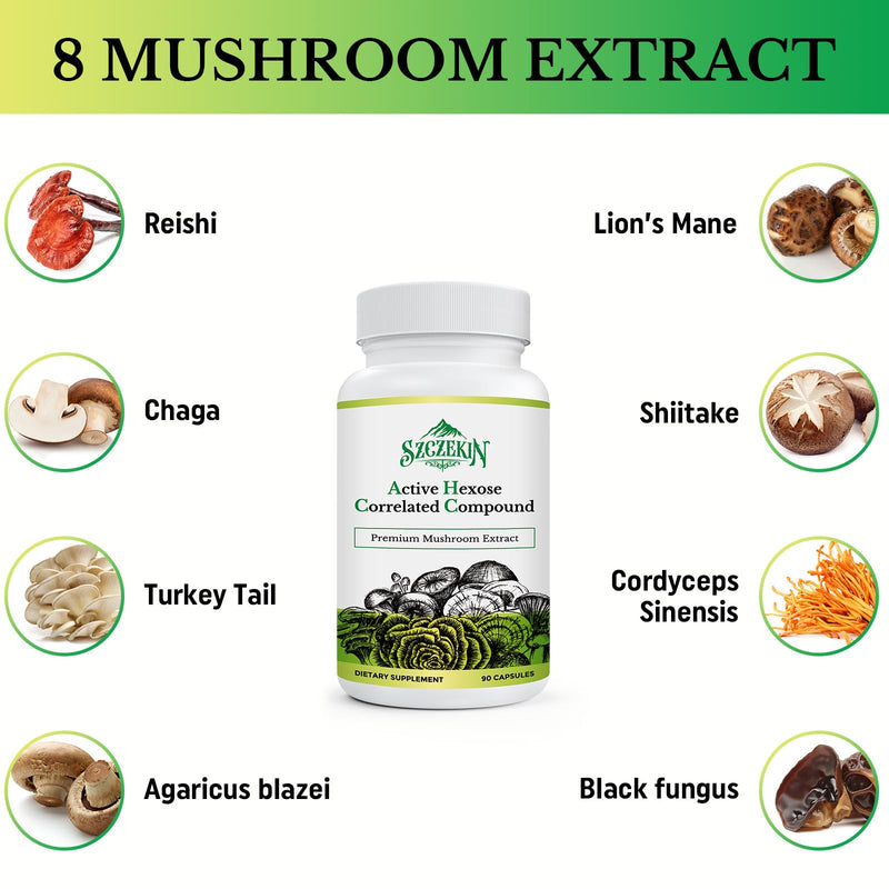 [Australia] - Active Hexose Correlated Compound 1500 mg Supplement, Natural 8 Mushroom Extract Supplement, Immune System, Liver Function, Natural Killer and T Cells Activity, 90 Veggie Capsules 90 Count (Pack of 1) 