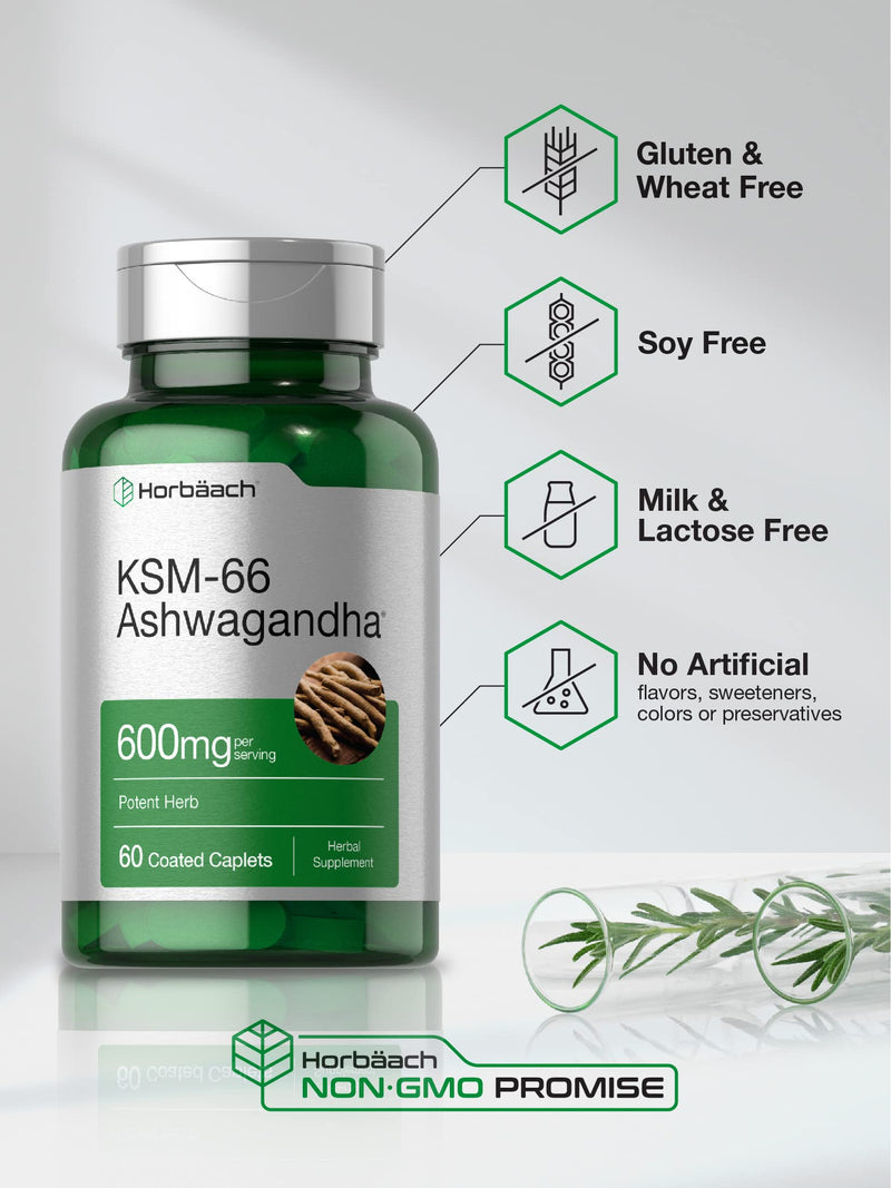 [Australia] - Horb√§ach KSM-66 Ashwagandha Supplement Caplets | 600mg | 60 Pills | with L-Theanine | for Women and Men | Vegan, Non-GMO, Gluten Free Complex Supplement 60 Count (Pack of 1) 