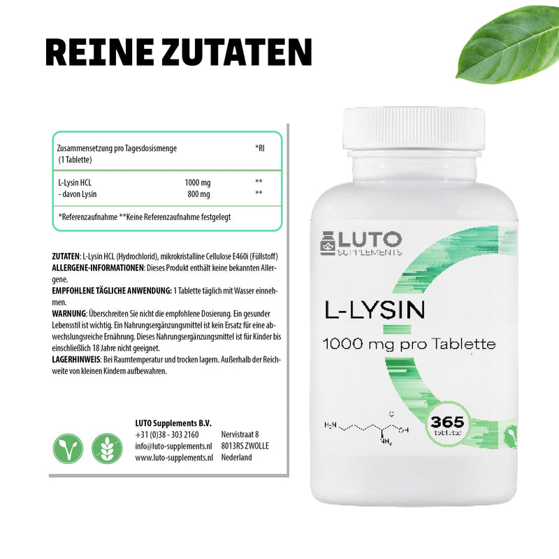 [Australia] - L-Lysine 1000-365 tablets - 1000 mg per ONE tablet - From plant fermentation - Without unwanted additives - High dosage - Vegan - LUTO Supplements 