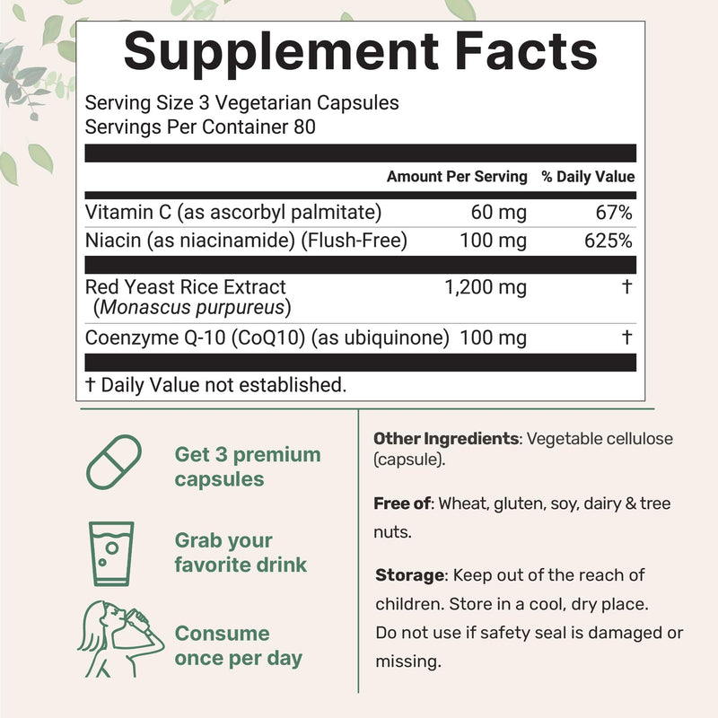 [Australia] - Red Yeast Rice 1,200mg with CoQ10 100mg, 240 Veggie Capsules | 4-in-1 with Flush Free Niacin & Fat Soluble Vitamin C | Cholesterol Support & Heart Health Supplements | Filler Free, Non-GMO, No Gluten 