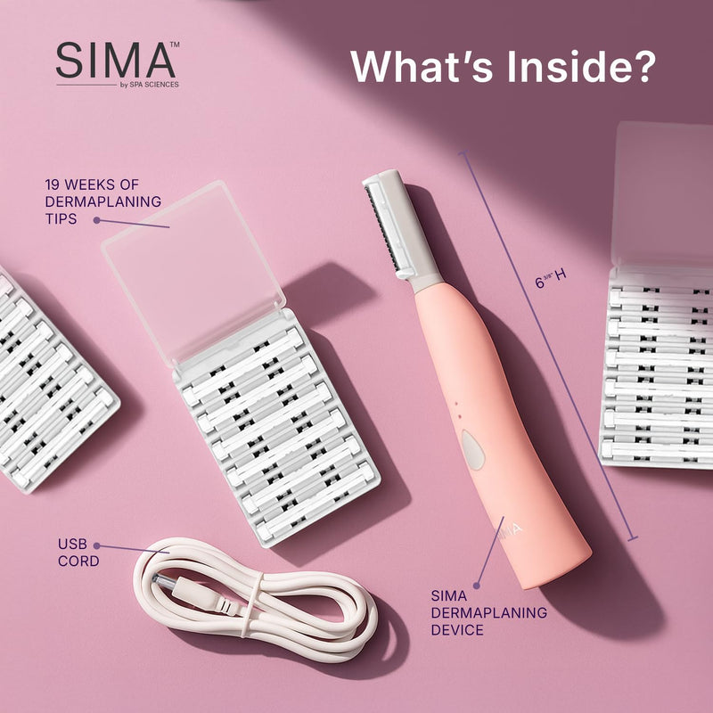 [Australia] - SPA SCIENCES - SIMA Patented Dermaplane Razor for Women Face – Painless 2-in-1 Facial Exfoliation & Peach Fuzz Hair Removal – Anti-Aging – 3 Speeds – Rechargeable – 19 Weeks Treatment Pink 