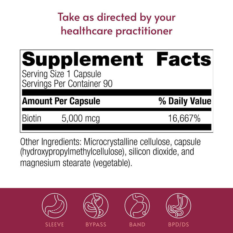 Bariatric Advantage Biotin 5,000 mcg, 90 Count | 5,000 mcg Biotin, for Bariatric Surgery Patients, Hair, Skin and Nails Support*, Easy-Digest Mini Capsules, Biotin Supplement