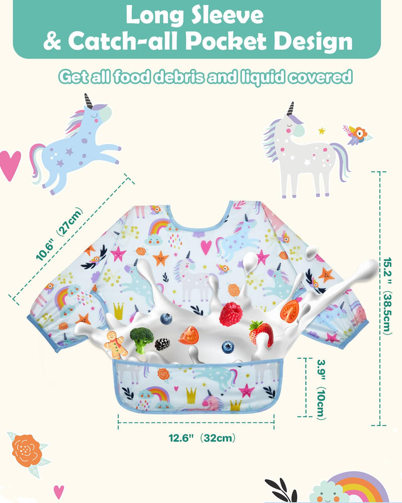 [Australia] - Lictin Baby Bibs for Boys Girls - Long Sleeve Bib, Waterproof Toddler Bibs, 0-24 Months Neutral Baby Smock for Eating Orange Elk/Light Blue Unicorn/Yellow Raccoon/Pink Hedgehog/Green Whale 