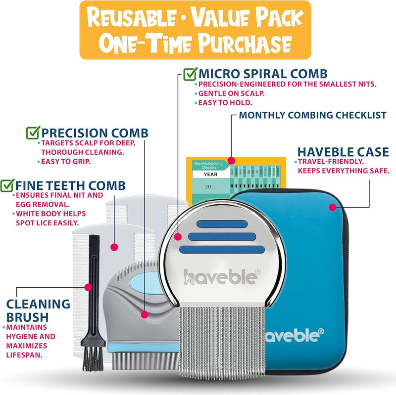 [Australia] - Professional 6-in-1 Lice, Nit & Dandruff Comb Kit | For Kids, Adults, Pets | All Hair Types | Micro Spiral, Precision & 2√ó Double-Sided Combs | Brush, Tracker & EVA Case | 