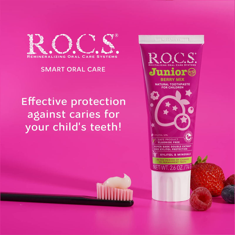 R.O.C.S. Junior Toothpaste - Enamel Whitening Teeth Gum Protection - for Children 6-12 Years Old - Safe to Swallow - Natural, No Fluoride or Sulfate (Berry Mix, Pack of 1) Berry Mix 2.6 Ounce (Pack of 1)