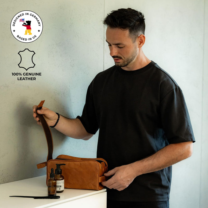 BERLINER BAGS Vintage Genuine Leather Toiletry Bag For Men Tim M, Brown | Leather Travel Bag, Large Capacity, 2 Zippered Compartments, Leather Handles, Cosmetics Bag for Men and Women Brown M