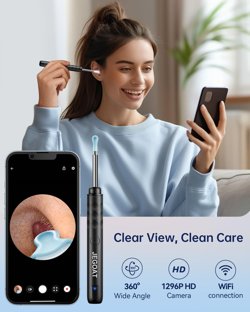 [Australia] - Ear Wax Removal - Ear Cleaner with Camera 1296P HD Ear Scope 6 LED Lights and 10 Pcs Ear Spoon - Earwax Remover Tool Jet Black 