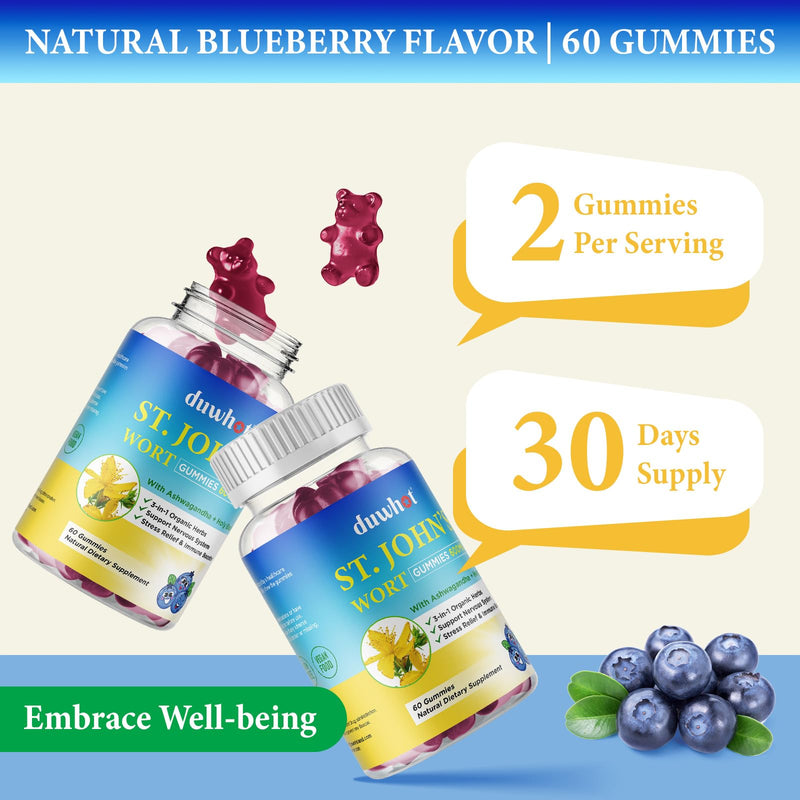 [Australia] - St John's Wort Gummies 600mg, with Ashwagandha & Holy Basil Extract for Adults & Kids, 3 in 1 Organic Herbal Supplements for Stress Relief, Nervous System Support, Non-GMO, Vegan, 60 ct. 