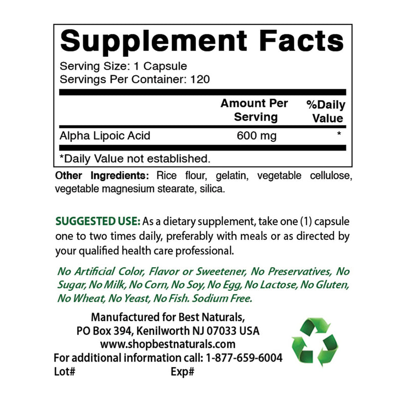 Best Naturals Alpha Liopic Acid 600 mg 120 Capsules - ALA Alpha Lipoic Acid Powerful Antioxidant (120 Count (Pack of 3))