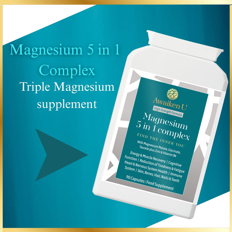 Magnesium Glycinate 5 in1 Complex -Magnesium Glycinate, Malate and Magnesium Taurate Plus Vitamin B6 & Zinc-High Strength, High Absorption, Easy to swallow-90 Vegan caps -UK Made