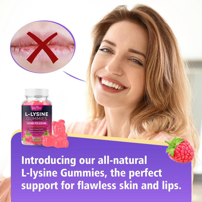 L-Lysine 1000mg Gummies for Immune Support & Skin Health - High Potency Vegan, Sugar-Free, Gluten-Free Supplement with Natural Raspberry Flavor for Adults & Kids - 60 Gummies 1pack