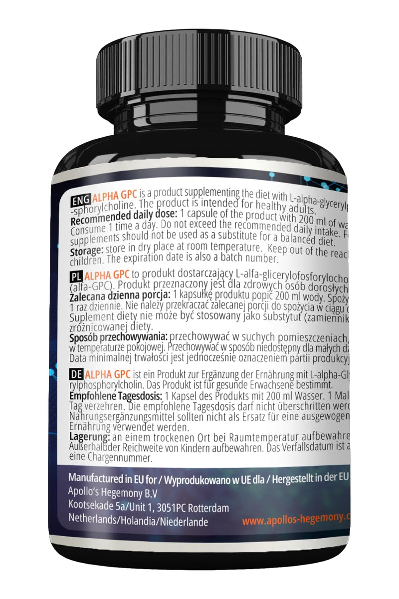 Alpha-GPC 600mg per Daily Dose - 90 Vegan Choline Capsules - 99% Choline Alfoscerate Dietary Supplement - Lipid Choline - Memory and Concentration Capsules - by Apollo's Hegemony