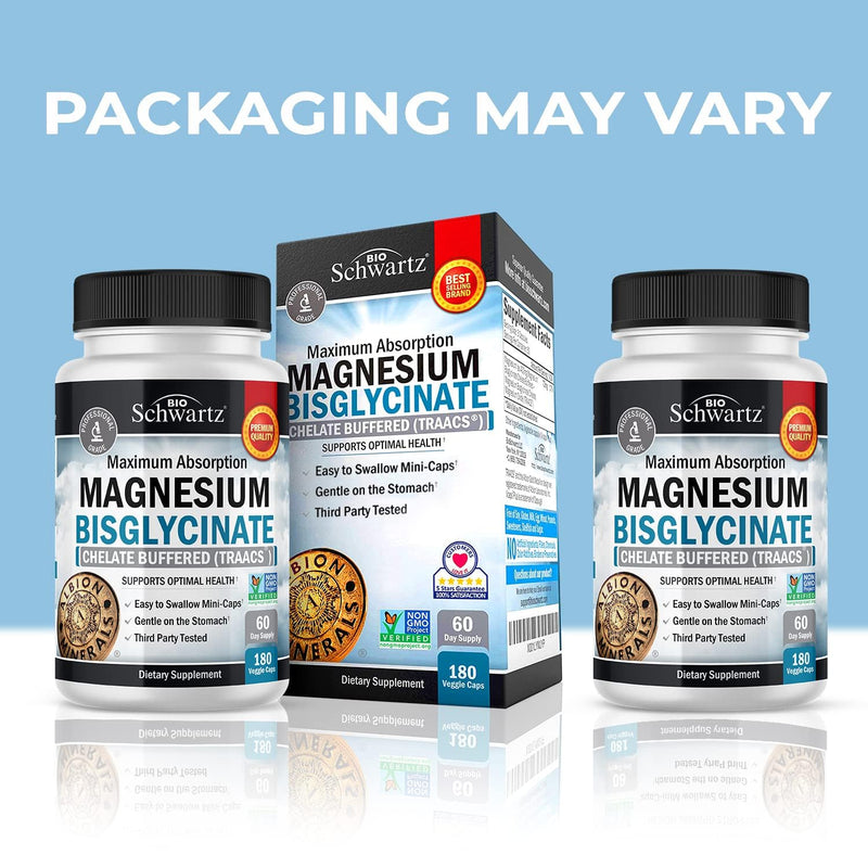 [Australia] - Magnesium Bisglycinate 100% Chelate No-Laxative Effect - Maximum Absorption Magnesium Supplement - Fully Reacted & Buffered for Energy Muscle Bone & Joint Support - Non-GMO Project Verified -180ct 180 Count (Pack of 1) 