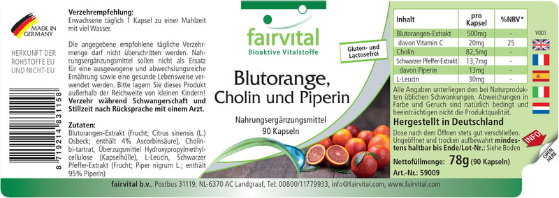 [Australia] - Fairvital | Blood orange, choline and piperine - 90 capsules - for 3 months - quality tested and high dosage - 100% vegan - Made in Germany 