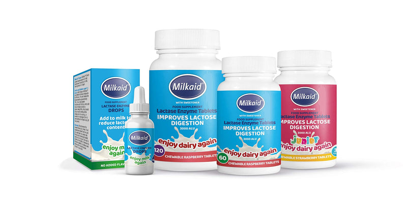 [Australia] - Milkaid Lactase Enzyme Drops Tablets for Lactose Intolerance Relief | Prevents Gas, Bloating & Diarrhea | Dairy Digestive Supplement | 0.5 Fl Oz & 120 Raspberry Flavored Tablets 
