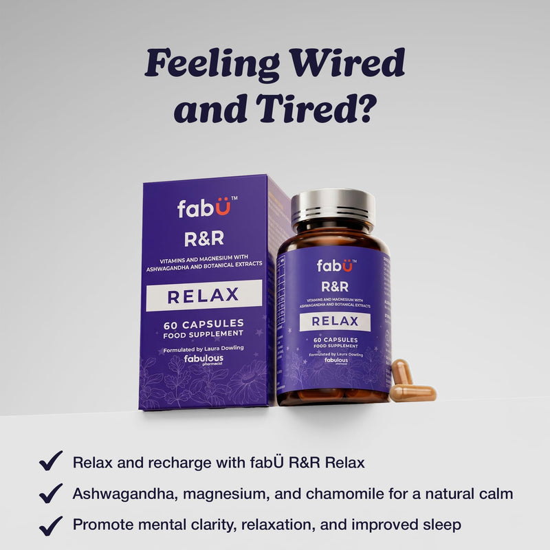 fabÜ R&R Relax - Supplement with Ashwagandha Capsules & Magnesium for Relaxation - Botanical Blend with B Vitamins, Lemon Balm & Chamomile for Stress Relief & Sleep Support - 60 Capsules