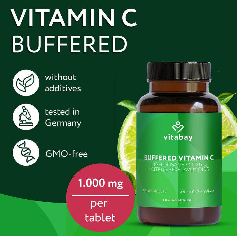 Vitabay Vitamin C 1000mg - 180 Vegan Slow Release Vitamin C Tablets - Buffered VIT with Citrus Bioflavonoids (50mg) - Natural from Plant Fermentation with Acacia Fibers - Laboratory Tested 256 g (Pack of 1)