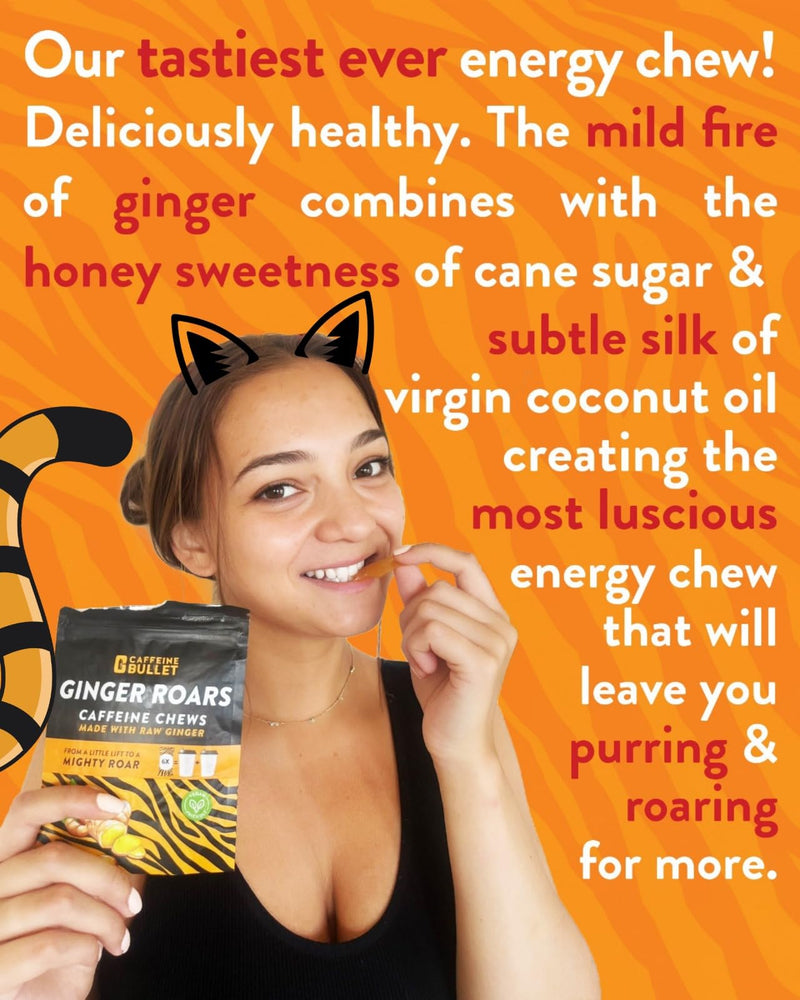 [Australia] - Ginger Roars - 60 Energy Gummies - Vegan Caffeine Chews Each 33mg, Made with a Tasty, Natural Fiery Kick for Improved Running, Cycling, Preworkout & Focus. 1 Bag - 60 Energy Chews 