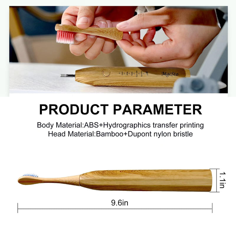 [Australia] - Electric Bamboo Toothbrush Sonic Toothbrush - 4 Replaceable Bamboo Brush Heads Eco-Friendly IPX7 Waterproof Electric Toothbrush, One-Button Switch Five-Mode Brushing 