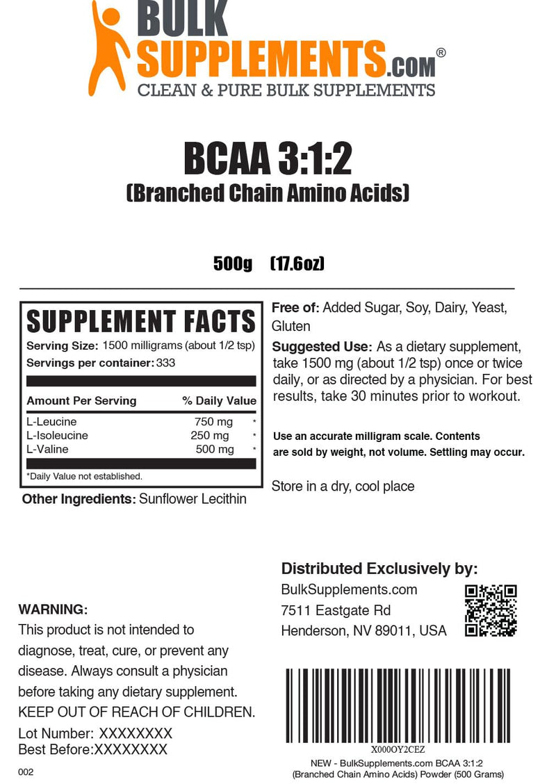[Australia] - BulkSupplements.com BCAA 3:1:2 Powder - BCAA Supplements, BCAA Powder, Branched Chain Amino Acids - Unflavored & Gluten Free, 1500mg per Serving, 500g (1.1 lbs) (Pack of 1) 333 Servings (Pack of 1) 