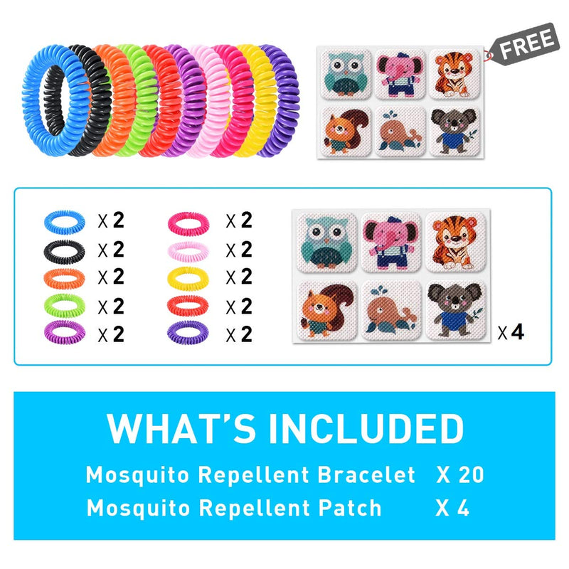 [Australia] - 20 Pack Mosquito Bracelets with 4 Patches - Waterproof Wrist Bands for Kids & Adults, Natural Deet-Free Resealable 