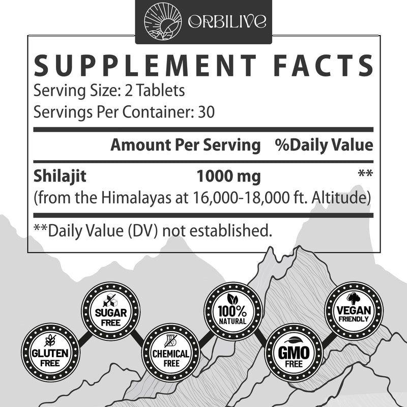 [Australia] - 30,000 MG Shilajit Tablets, 100% Shilajit Pure Himalayan Organic, Shilajit for Men and Women Rich in Fulvic Acid & 85+ Trace Minerals, Shilajit Supplement for Energy & Immune System, 60 Count 60 Count (Pack of 1) 