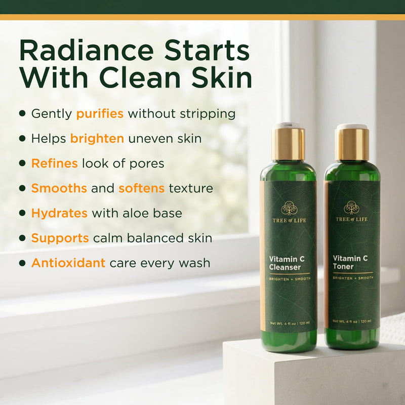 Tree of Life - Vitamin C Facial Cleanser - Face Care - 4 Fl Oz (Pack of 2) | Brightening Vitamin C facial cleanser and toner set. Minimizes pores for gentle deep cleaning for clear skin. Toner & Cleanser 2 X 4 Fl Oz