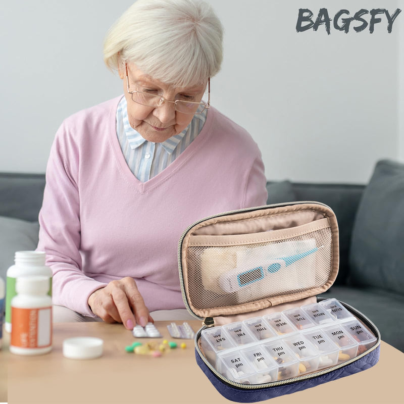 BAGSFY Pill Organizer Case 2 Times a Day- Weekly Medicine Organizer Travel Pill Box with Removable 7 Day Medicine Case Container for Fish Oil, Vitamin, Supplement Large Blue