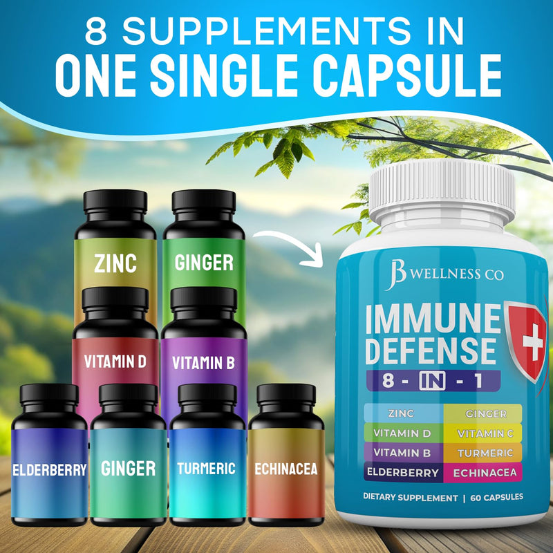 JB Wellness Co Immune Support 8 in 1 Capsules - Zinc Supplement, Vitamin D3, Vitamin C and Elderberry - Immune Booster Supplement with Echinacea, Ginger Root, and Turmeric 60 Capsules (Pack of 1)