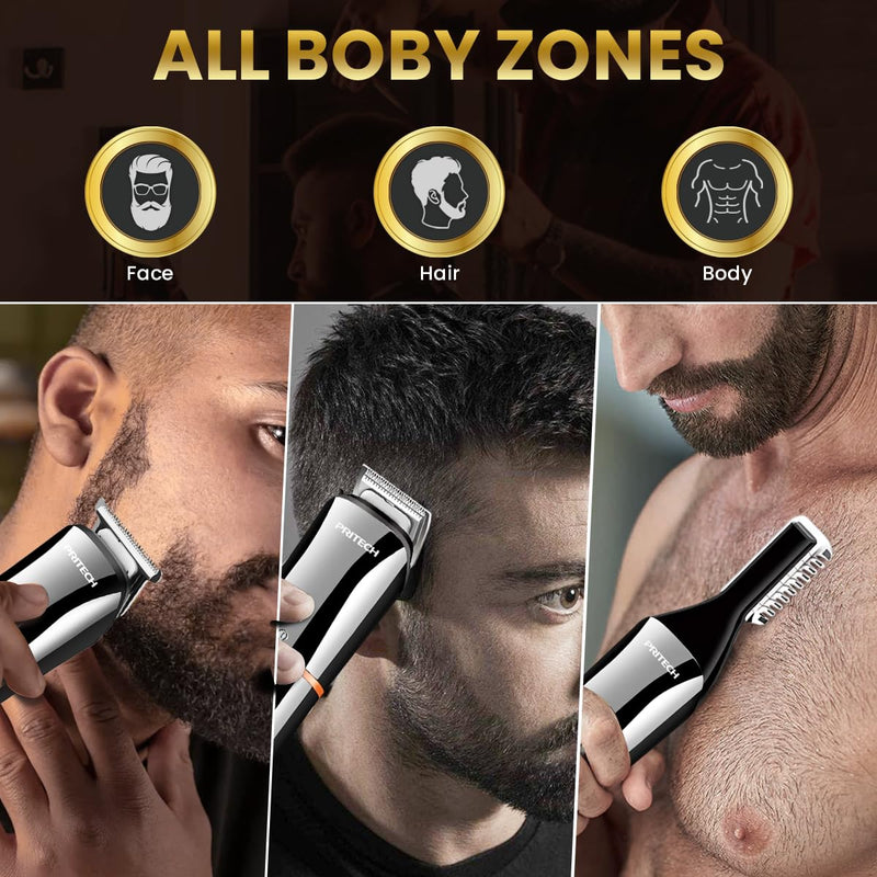 [Australia] - PRITECH Beard Trimmer for Men,6 in 1 Hair Clippers Kit, Precision Cordless Grooming Kit Waterproof IPX6 for Beard, Hair, Body, Nose, Ear, with Foil Razor (Silver) Silver 