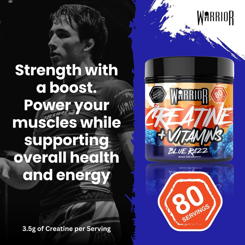 Warrior Creatine Monohydrate 360g (80 Servings) – Creatine Powder + Multivitamin with Magnesium & Vitamin D – All-in-One Gym & Sports Performance Formula for Strength, Muscle & Energy – Blue Raspberry Blue Razz