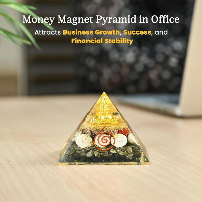 EDMIRA Money Magnet Pyrite Pyramid with Rudraksha & Gomati Chakra, Shree Yantra Vastu Feng Shui Crystal Pyramid for Wealth, Prosperity, Positive Energy, Reiki Healing, Home & Office Decor