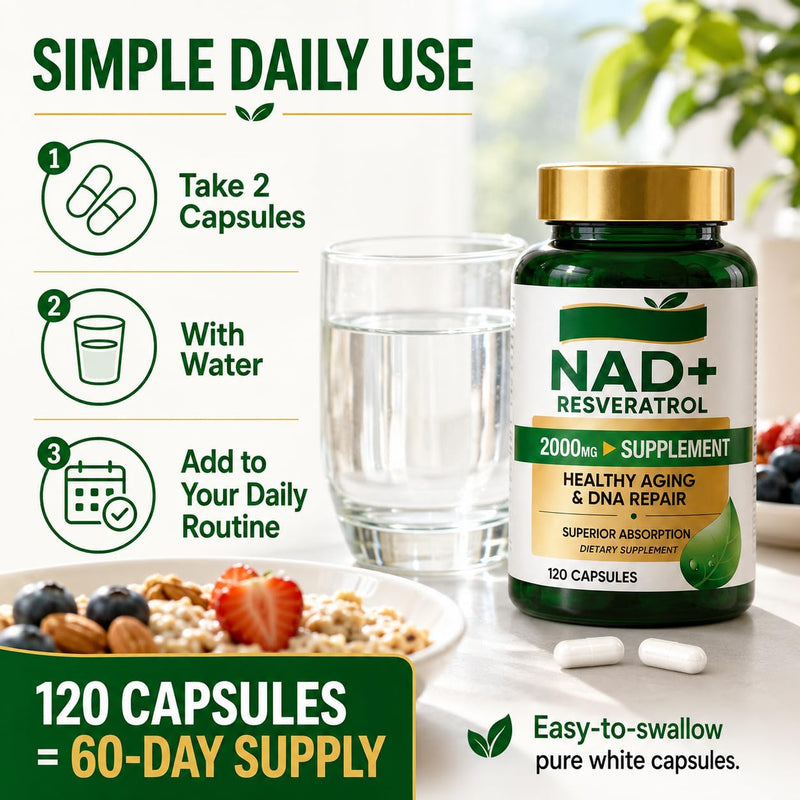 NAD+ Resveratrol Supplement 120 Capsules, NMNH Advanced Cellular Repair & Healthy Anti-Aging Formula with Nicotinamide Riboside, Superior Absorption Supports Metabolism 120 count (Pack of 1)