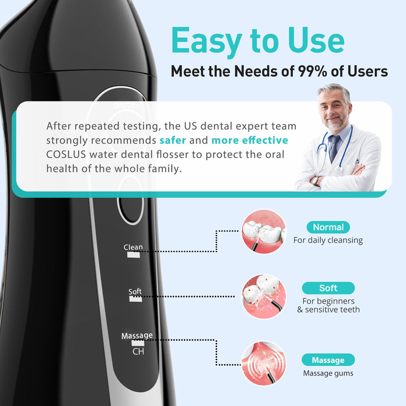[Australia] - COSLUS Water Dental Flosser Teeth Pick: Portable Cordless Oral Irrigator 300ML Rechargeable Travel Irrigation Cleaner IPX7 Waterproof Electric Waterflosser Flossing Machine for Teeth Cleaning F5020E Dark Black 