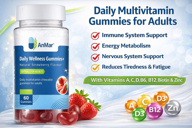 AnMar Daily Wellness Gummies+ – Multivitamin Gummies for Adults with Vitamins A, C, D, B12, Biotin & Zinc – Strawberry Flavour – 60 Gummies