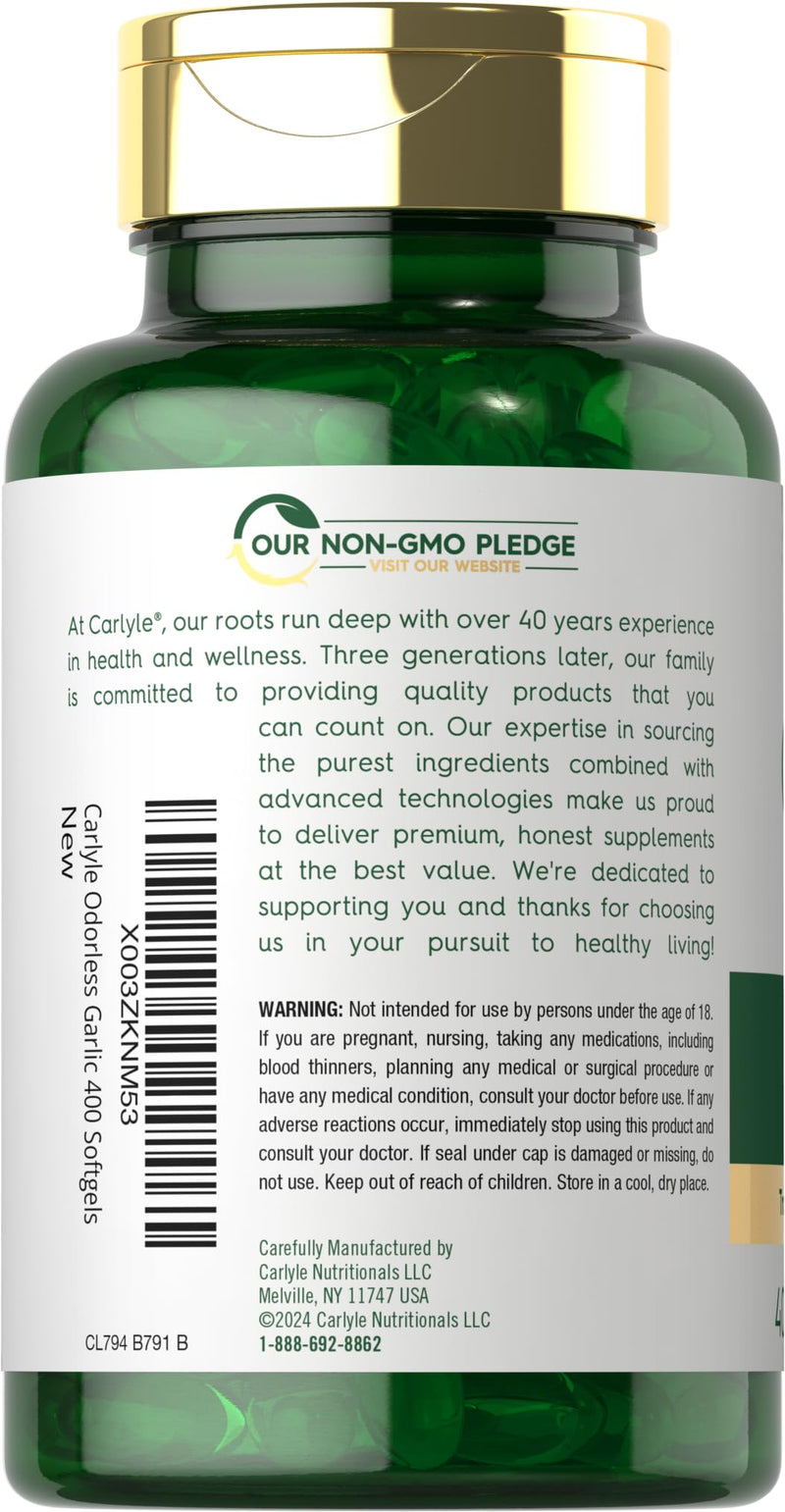 [Australia] - Carlyle Odorless Garlic Softgels 3600 mg | 400 Count | Allium Sativum Bulb | Non GMO, Gluten Free Supplement 