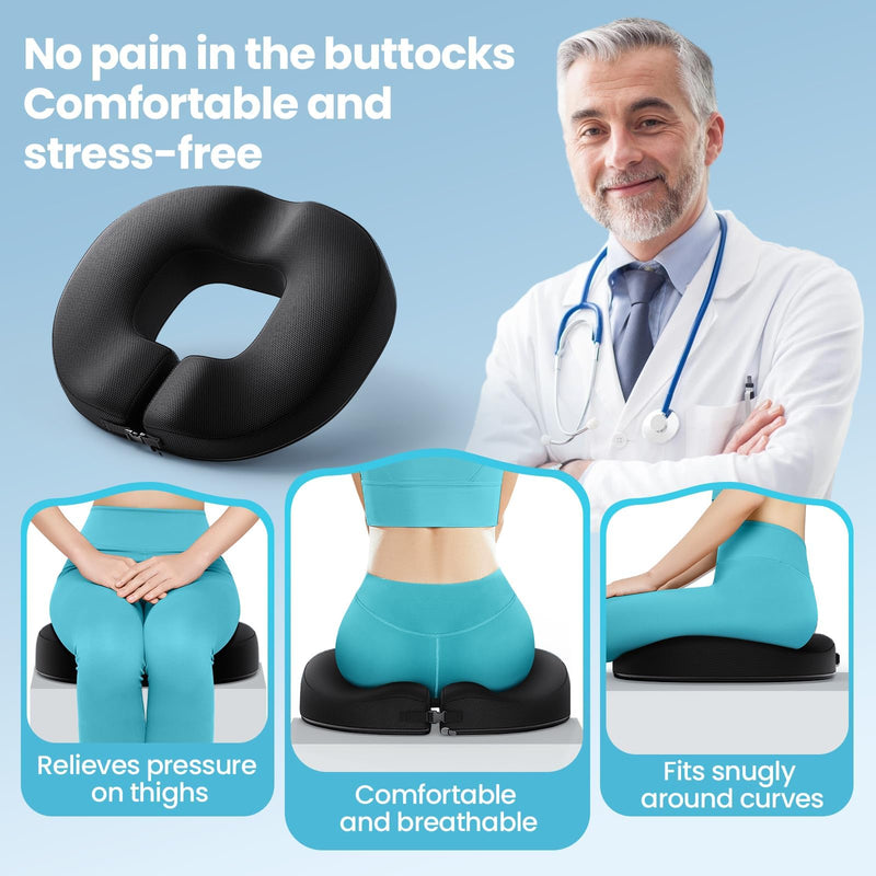 [Australia] - Benazcap Donut Pillow Seat Cushion for Tailbone Pain Relief, Strong Support Memory Foam Hemorrhoid Pillow by Ergonomic for Coccyx, Sciatica, Pregnancy, Postpartum 17.3"x15.3"x3" Black 