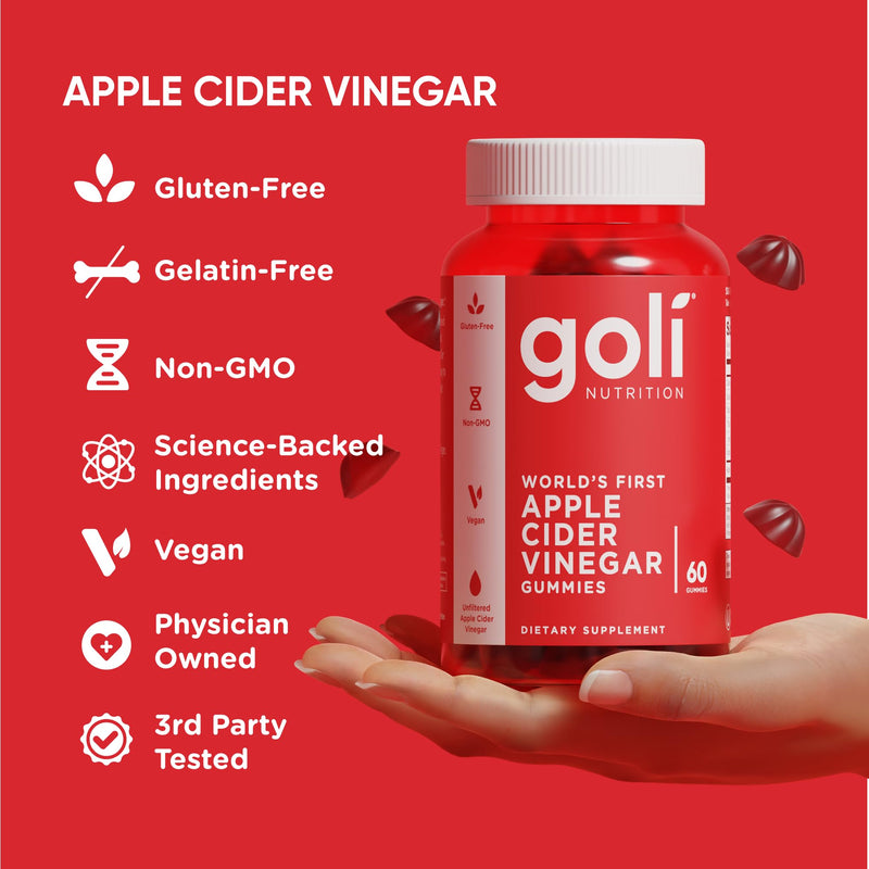 Goli Apple Cider Vinegar Gummies - Worlds First ACV Gummy with Vitamin B12, Beetroot & Pomegranate - Vegan, Non-GMO, Gluten-Free, 120 Count (2 Pack)