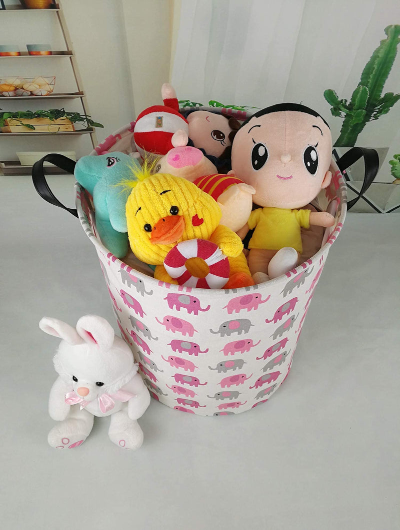 [Australia] - 19.7 Laundry Hamper Toys Box Storage Bins Canvas Waterproof Collapsible Clothes Organizer Basket with Handle Freestanding Large Cute Light Weight for Home Kids Baby Room(elephant) pink grey elephant 