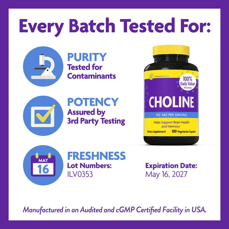 [Australia] - InnovixLabs Choline Supplement 550mg Pure Choline Bitartrate for Brain Health, Focus, Memory, Cognitive Development, Fatty Liver and Mood Support for Women and Men, 100 Capsules 