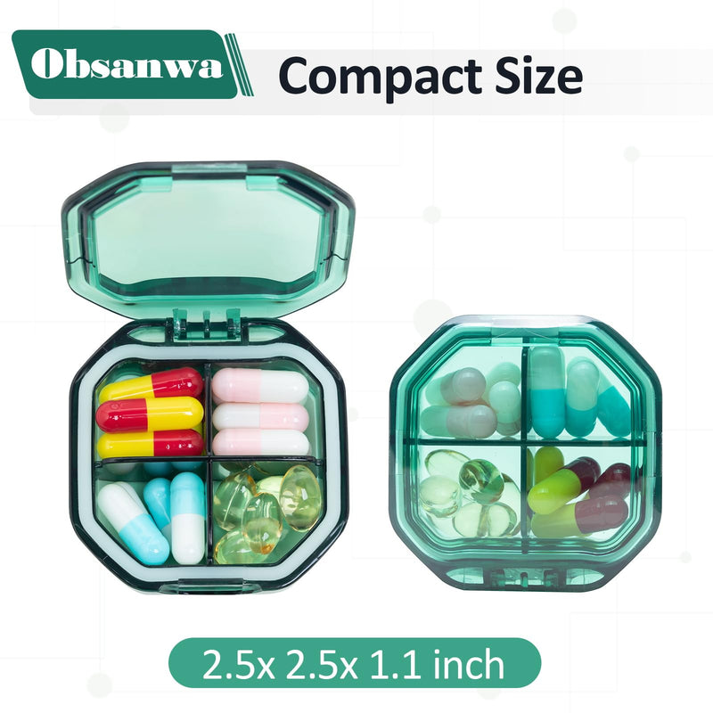 2 Pack Small Pill Organizer, 4 Compartment Pill Box for Travel, 2-Inch Portable Pocket Pill Case for Purse, Vitamin & Supplement Medication Organizer, Travel Essentials Container (Green+Green) Green+green