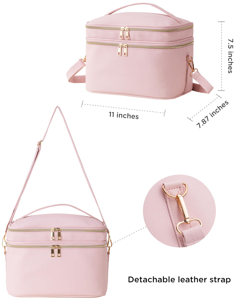 HBlife Extra Large Double Layer Travel Makeup Bag Portable Leather Cosmetic Bag Make Up Bag Makeup Case Organizer Toiletry Bag for Women Girls with Handle, Removable Divider and Shoulder Strap(Pink) Pink