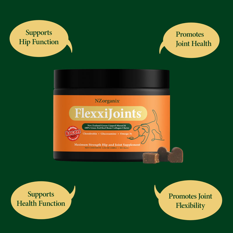 NZorganix FlexxiJoints Hip and Joint Supplement Chews for Dogs, Cats • 100% Grass-Fed Beef Bone Collagen New Zealand Green-Lipped Mussels • 50 Chews - PawsPlanet Australia