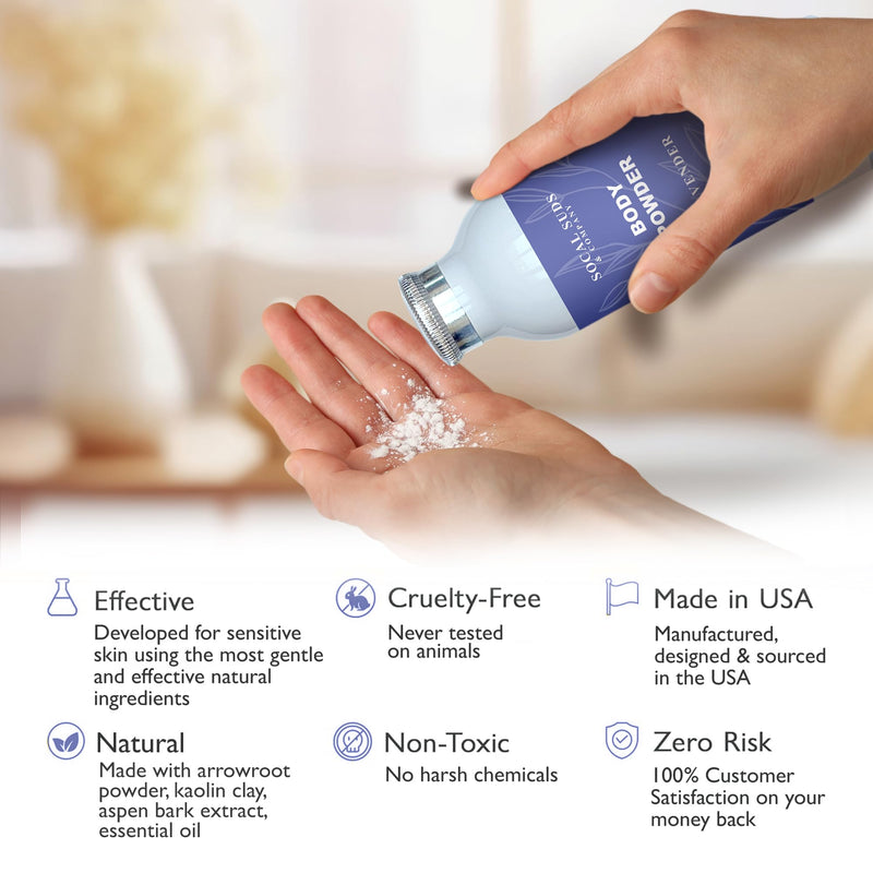 SoCal Suds & Company Natural Body Powder Talc-Free, Lavender, 4oz, 1-Pack | With Arrowroot Powder, Kaolin, Aspen Bark Extract for Soft Soothing Delicate Skin 4 Ounce, Body (1- Pack)