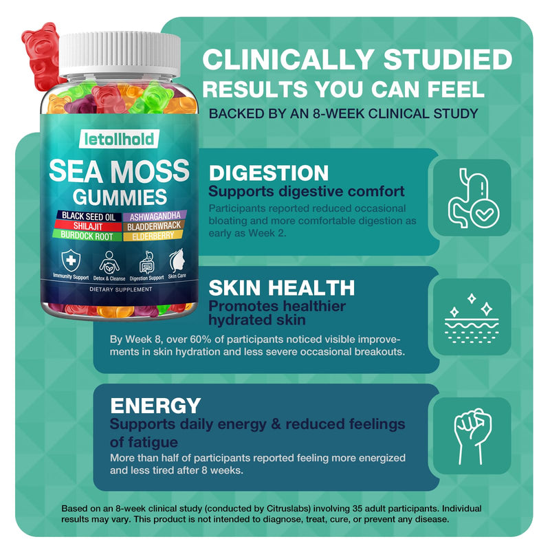 Sea Moss Gummies - Irish Sea Moss Gummies Advanced for Adults with Ashwagandha Bladderwrack & Burdock Root for Supports Immune，Energy - 60 Vegan Gummy,2PCS 60 Count (Pack of 2)