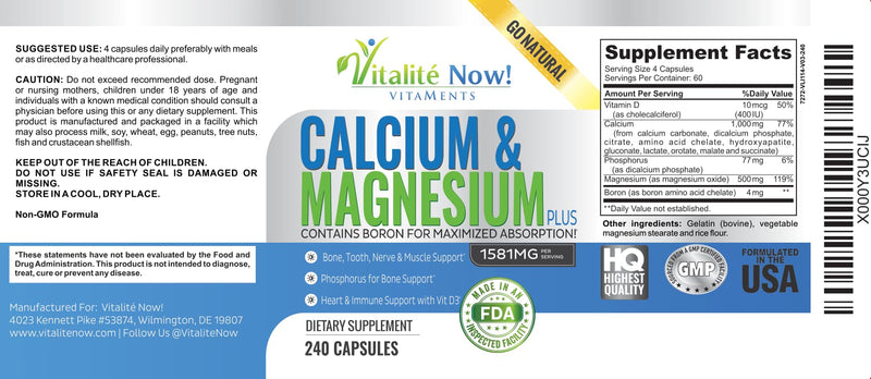 Vitalité Now! Calcium Magnesium Supplement 1000mg with Vitamin D | 10 Forms of Calcium for Maximum Absorption - Bone Strength Support with Boron and Phosphorus - 240 Capsules - 2 Month Supply